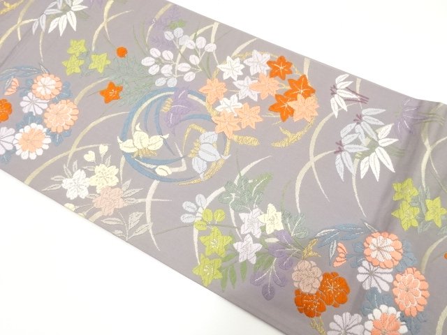 唐織　芝草に花丸・秋草模様織り出し　袋帯